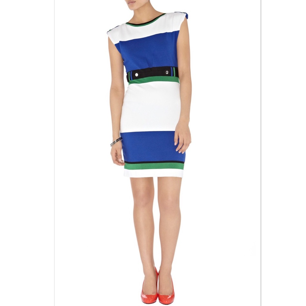 karen millen blue knit dress Light Blue KarenMillen Viscose Blend Maxi Knit Dress With Chiffon Sleeve  Military Trim